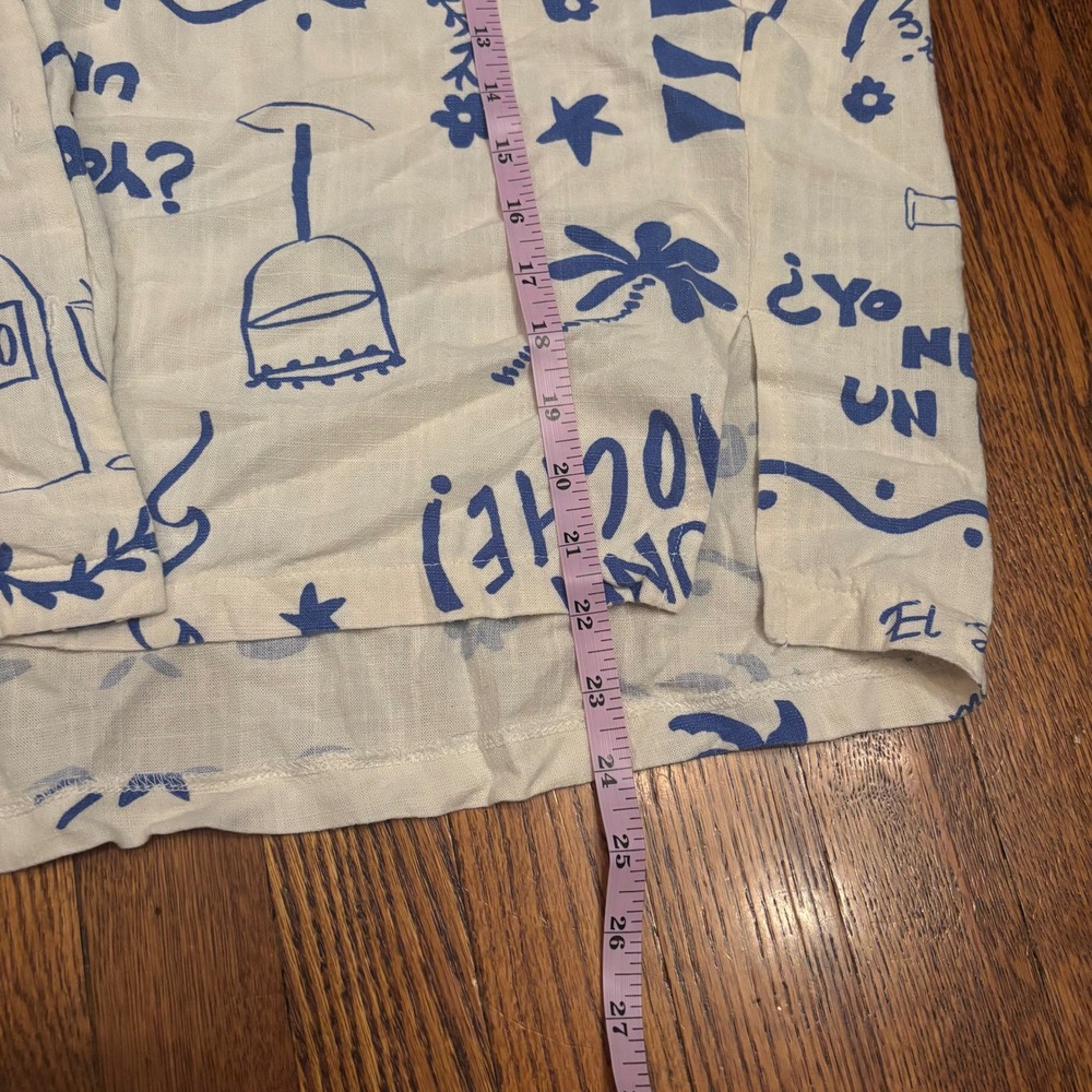 Womens Linen Blend Blue White Doodle Vino Summer Print Button Down Shirt Large - Picture 5 of 6